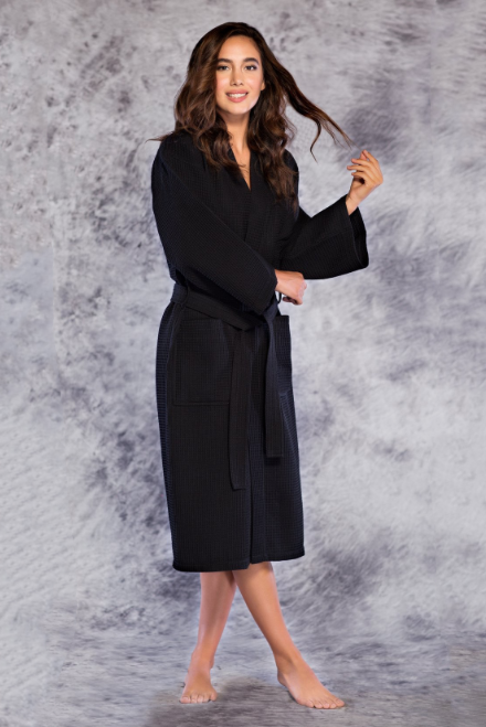 Premium Waffle robe long, Polyblend black — RobesNmore